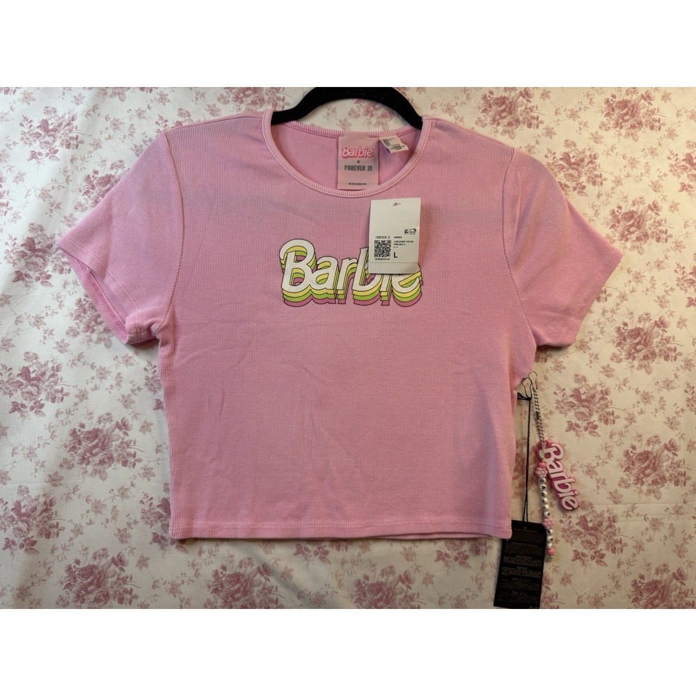 Barbie x Forever 21 Pink Ribbed Crop Top Size L NWT